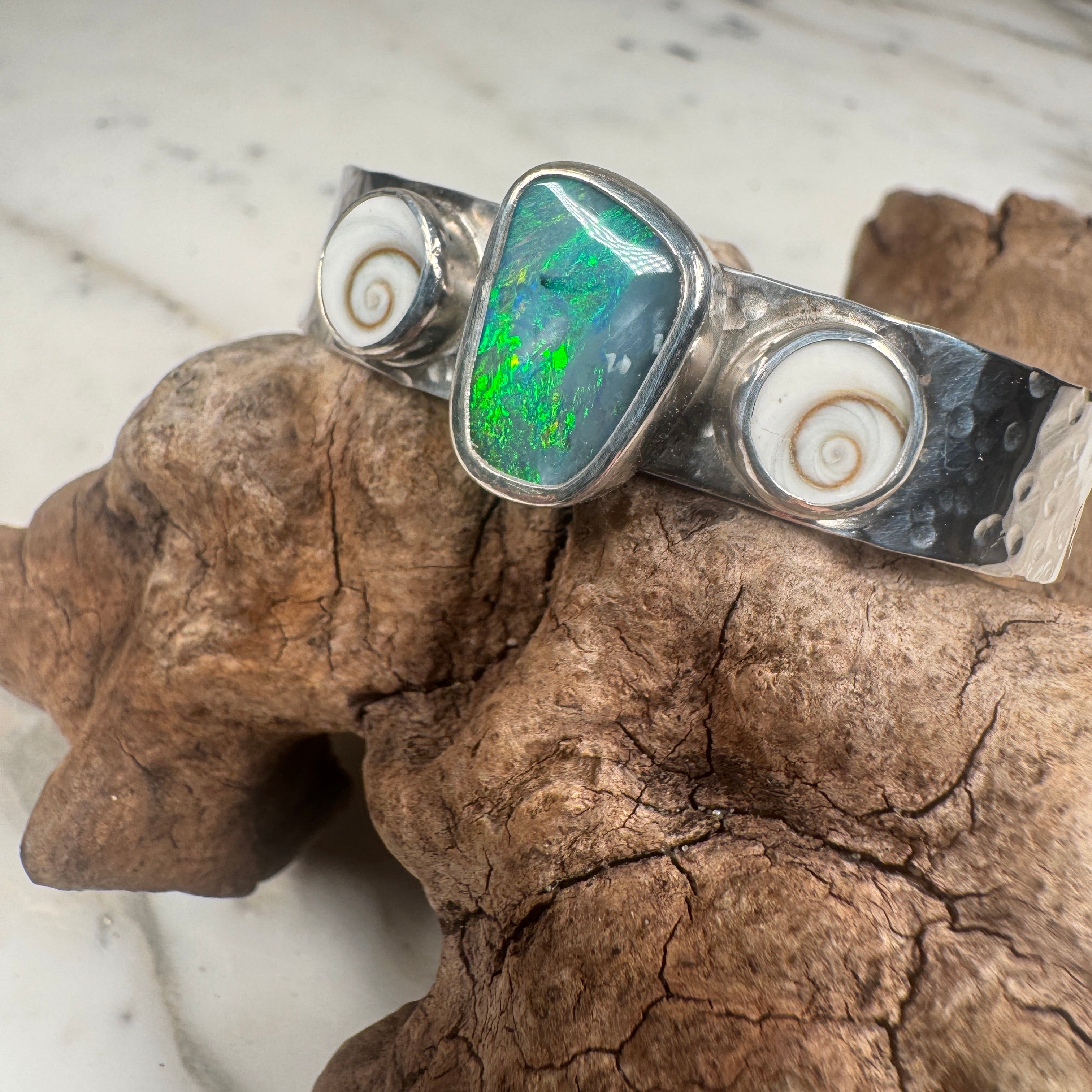 Emerald Tide Australian Green Opal + Shiva Shells Cuff