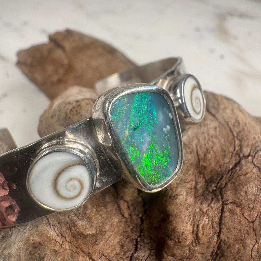 Emerald Tide Australian Green Opal + Shiva Shells Cuff
