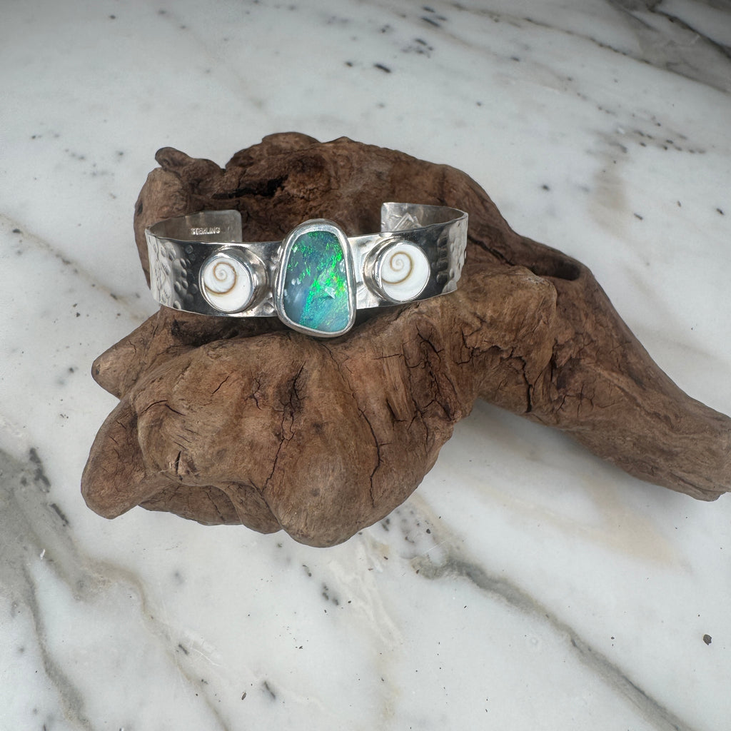 Emerald Tide Australian Green Opal + Shiva Shells Cuff
