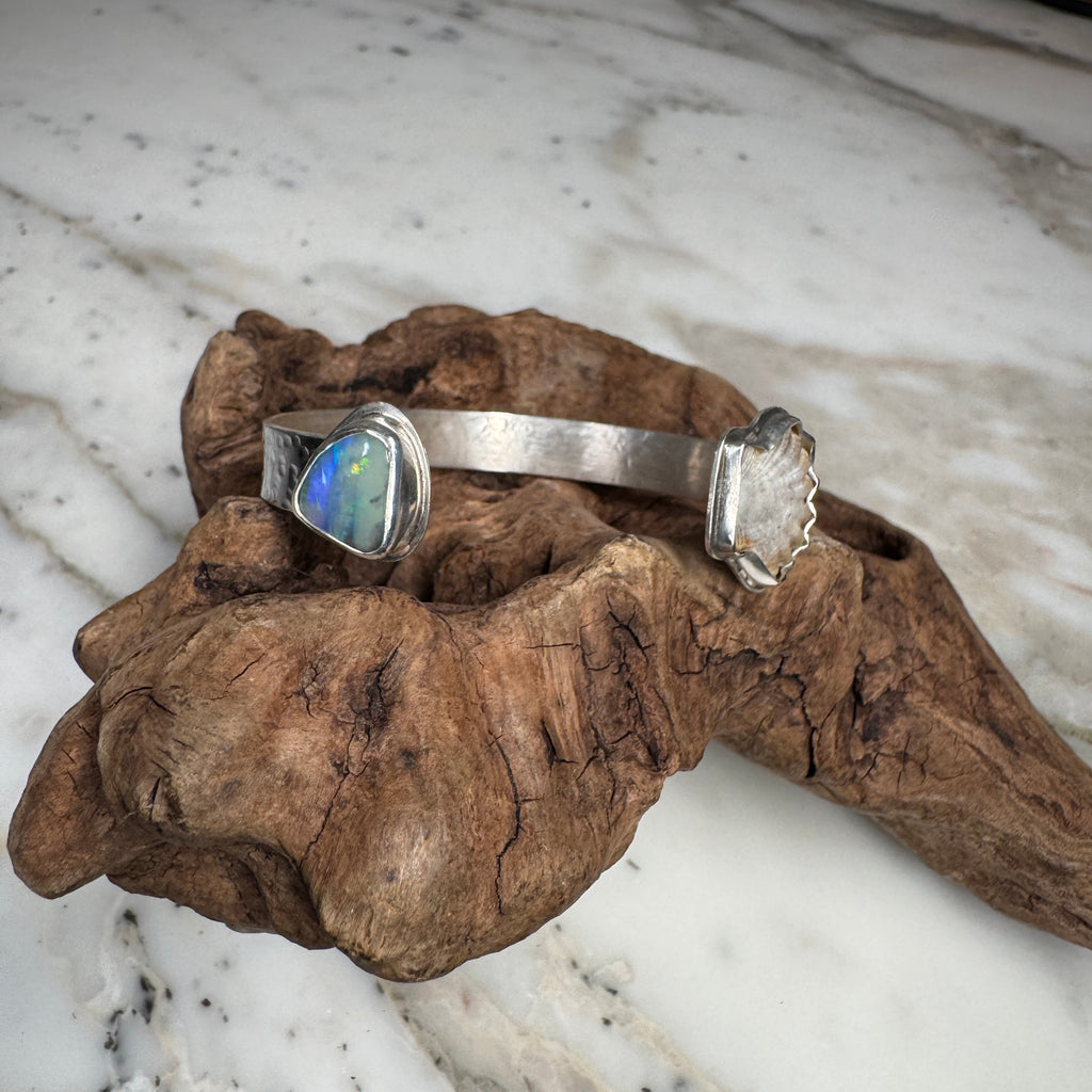 Emerald Tide Boulder Opal with Sunrise Seashell Cuff