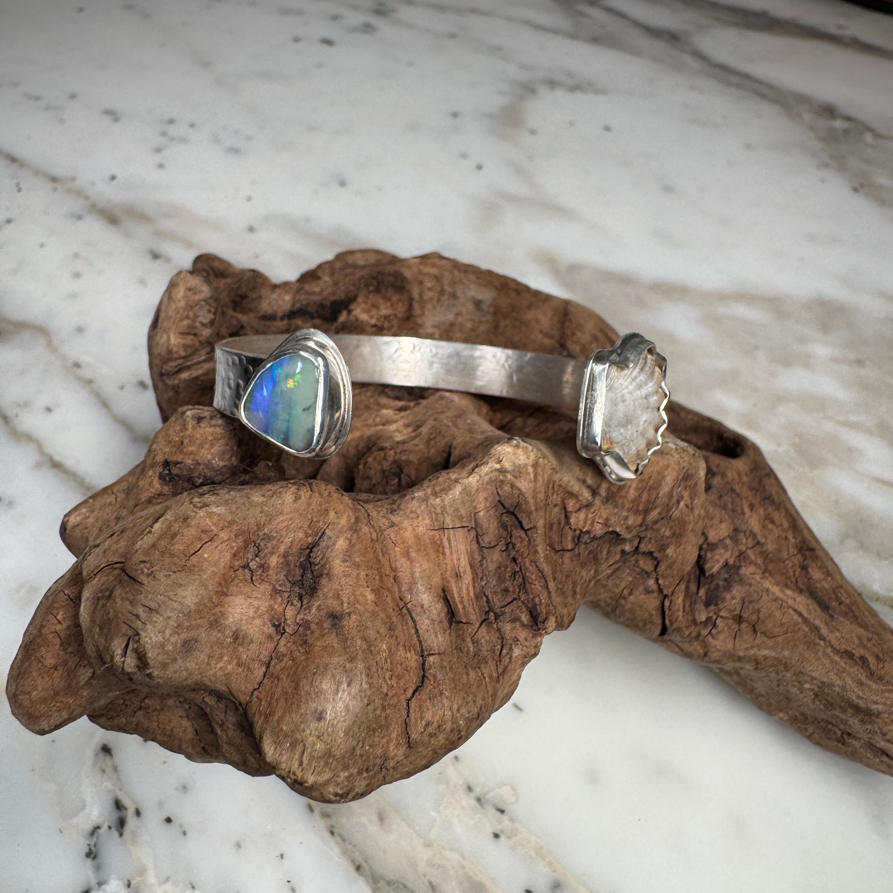 Emerald Tide Boulder Opal with Sunrise Seashell Cuff