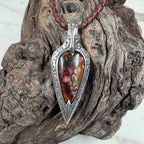 Ember Relic one-of-a-kind Australian boulder opal pendant with electric blue, orange and red color set in engraved sterling silver.