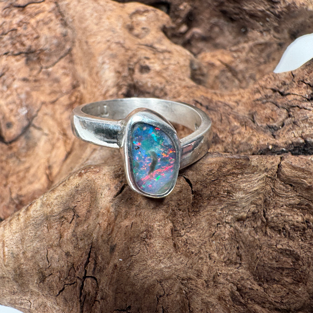 Electric Fire Angled Australian Boulder Opal Ring