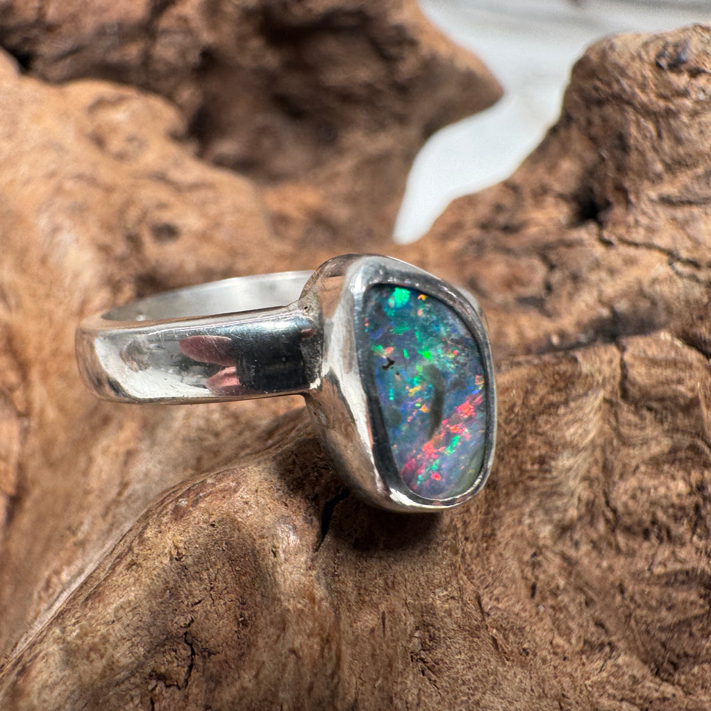 Electric Fire Angled Australian Boulder Opal Ring
