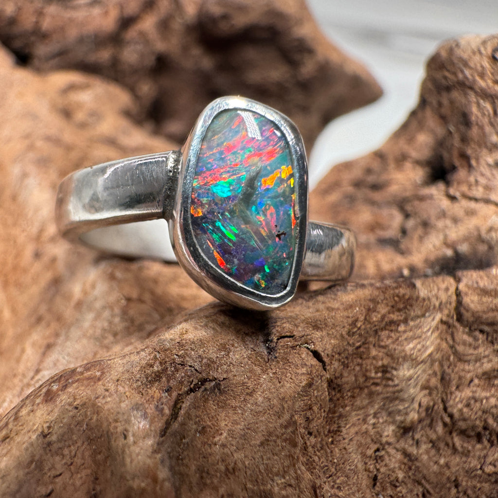 Electric Fire Angled Australian Boulder Opal Ring