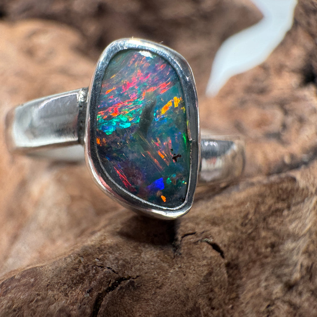 Electric Fire Angled Australian Boulder Opal Ring