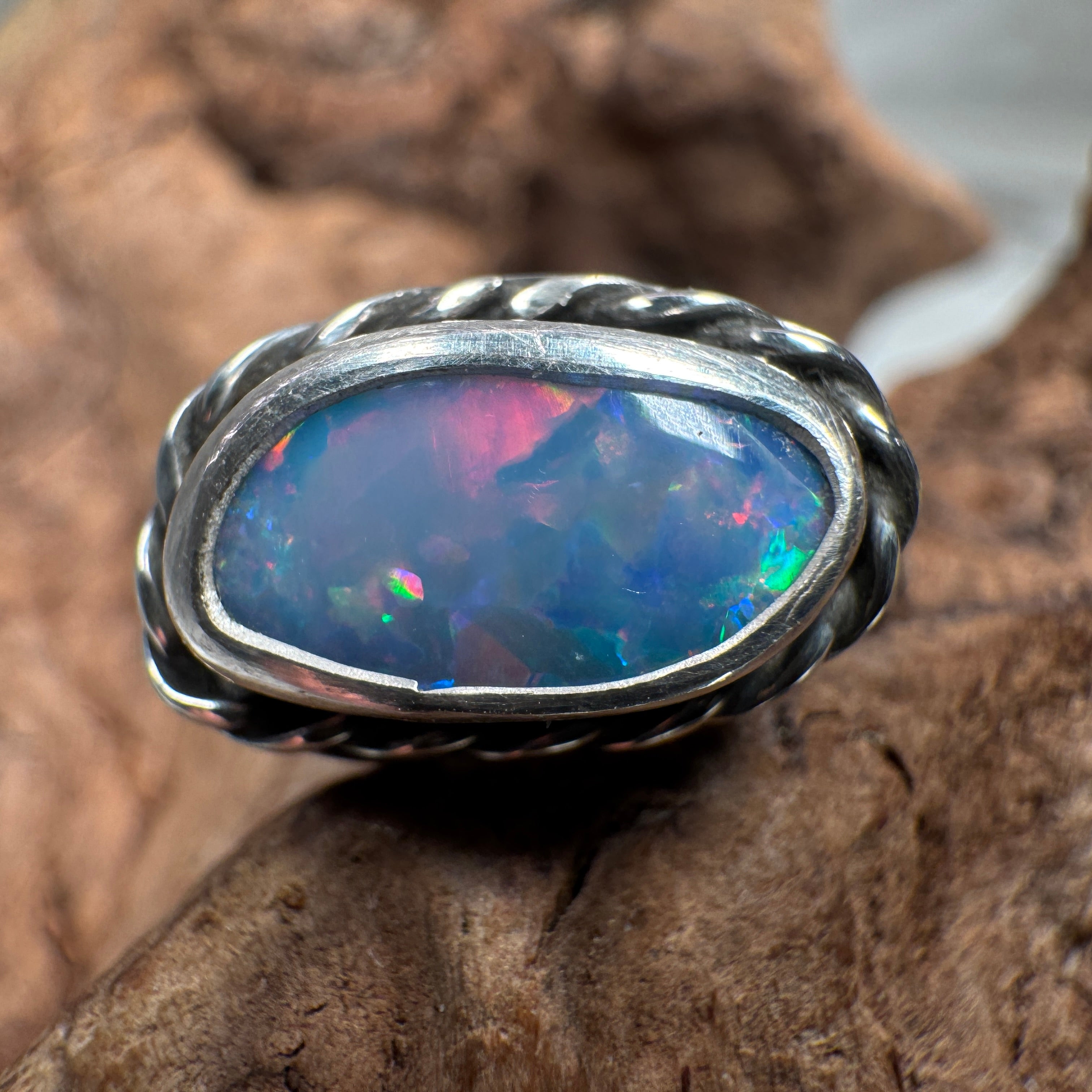 Ember Tide Relic – Fossilized Seashell Opal Ring
