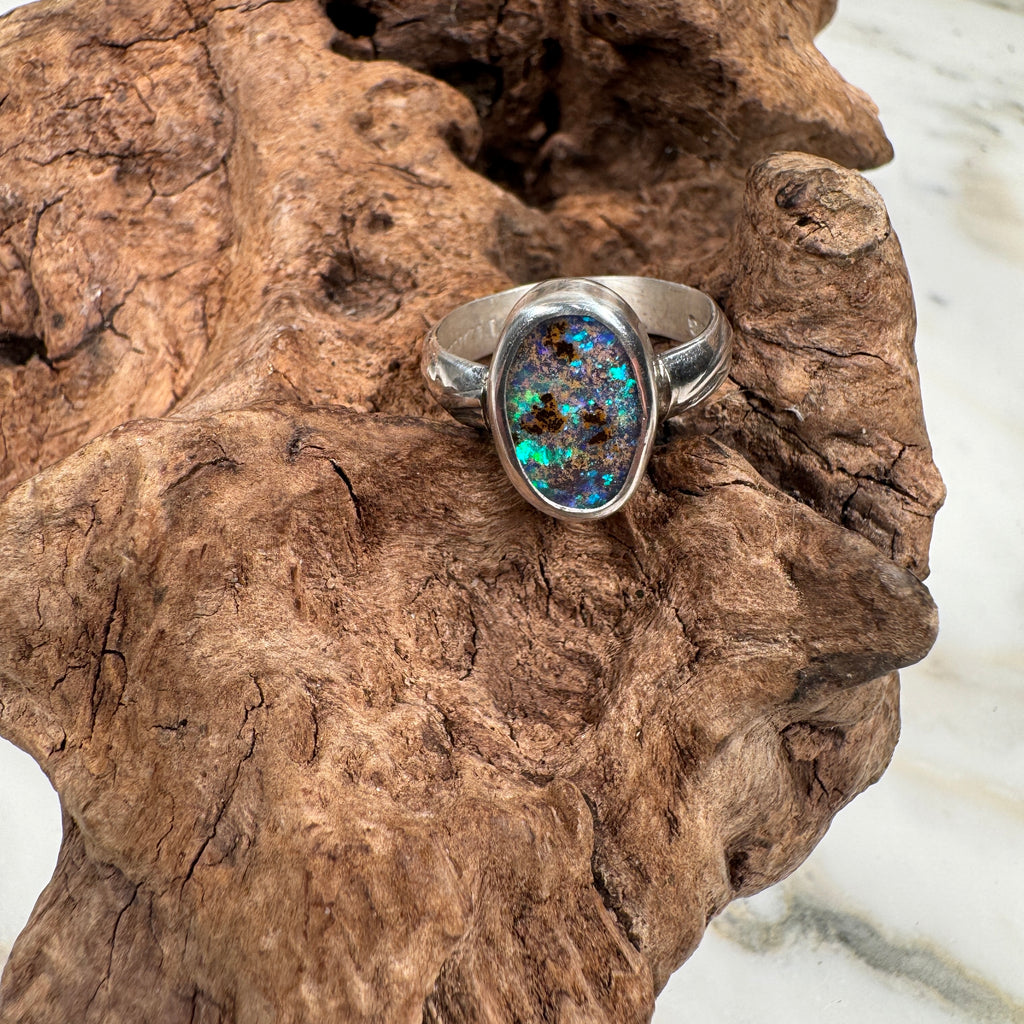 Emerald Bioluminescent Essence - Australian Boulder Opal Ring