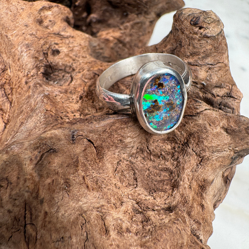 Emerald Bioluminescent Essence - Australian Boulder Opal Ring