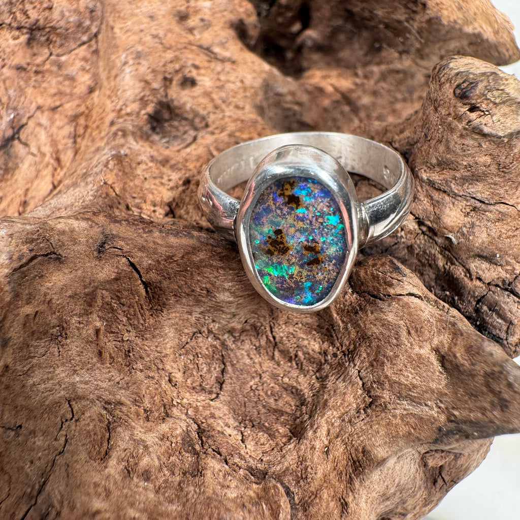 Emerald Bioluminescent Essence - Australian Boulder Opal Ring