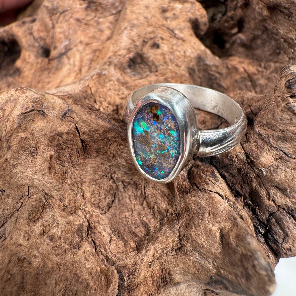 Emerald Bioluminescent Essence - Australian Boulder Opal Ring