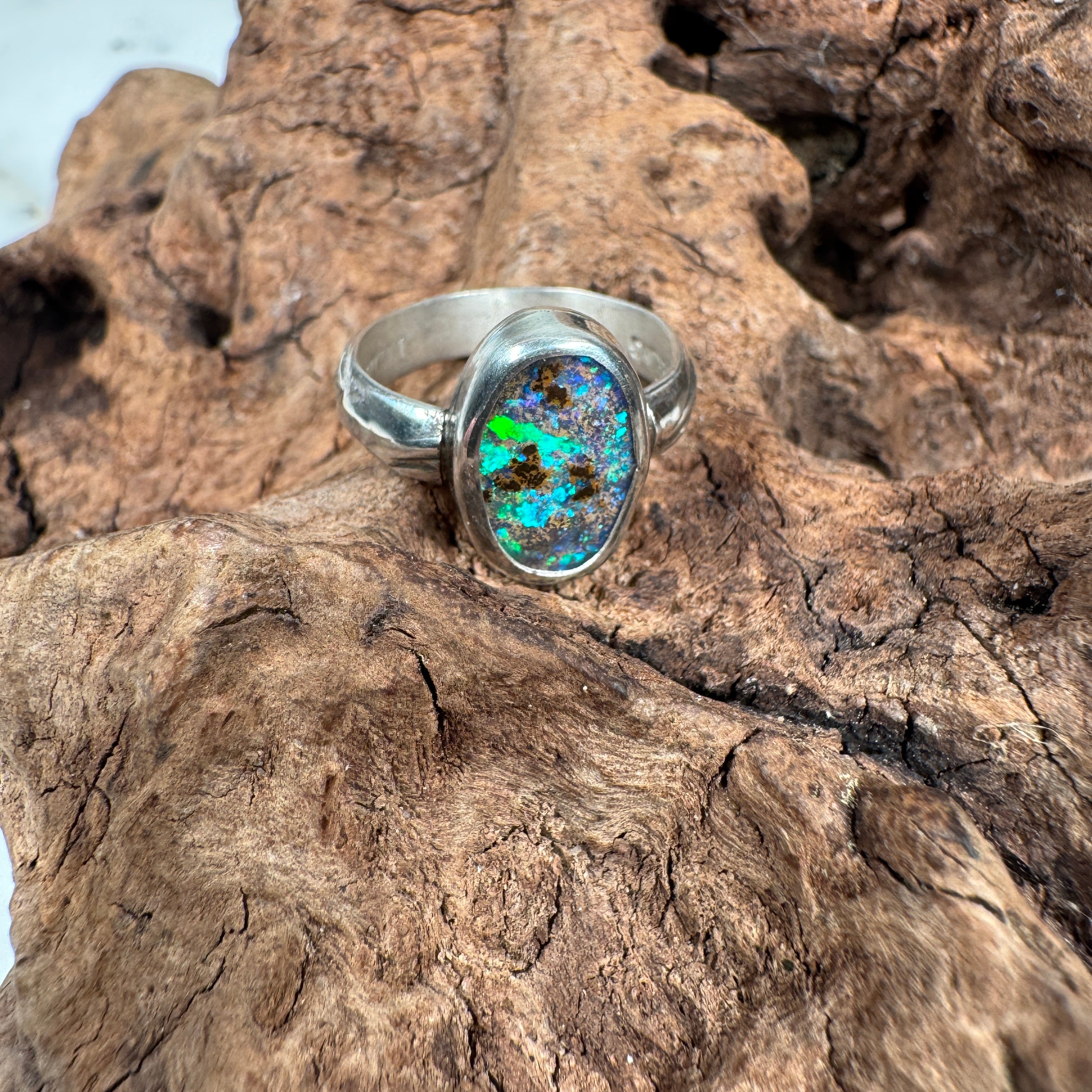 Emerald Bioluminescent Essence - Australian Boulder Opal Ring