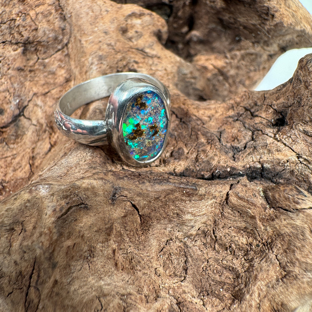 Emerald Bioluminescent Essence - Australian Boulder Opal Ring