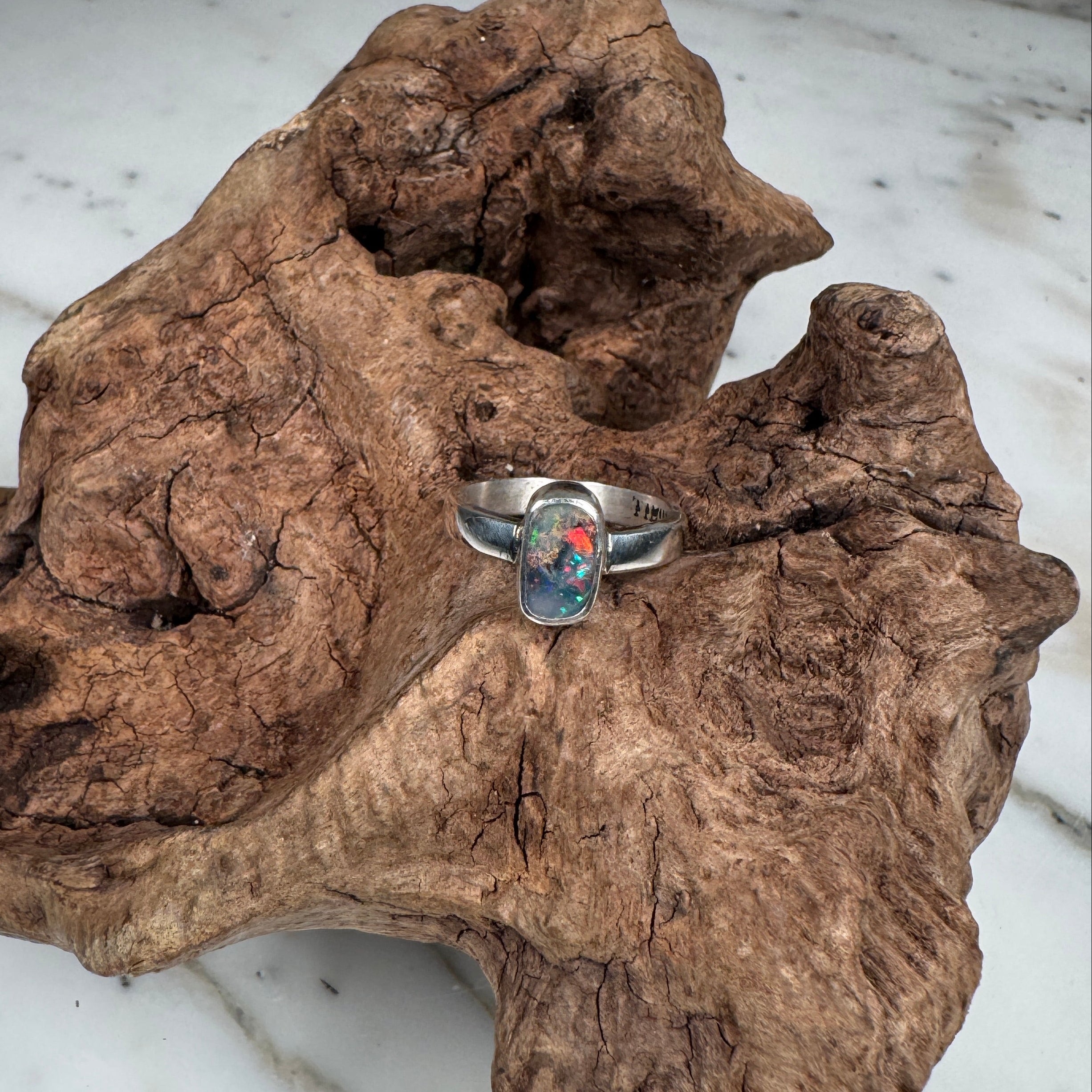 Spectral Tide Relic Ring – Australian Boulder Opal in Sterling Silver