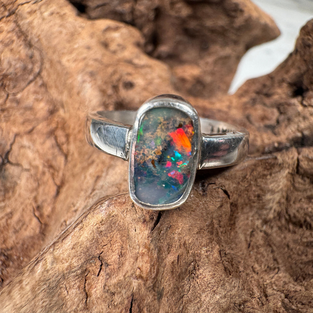 Spectral Tide Relic Ring – Australian Boulder Opal in Sterling Silver