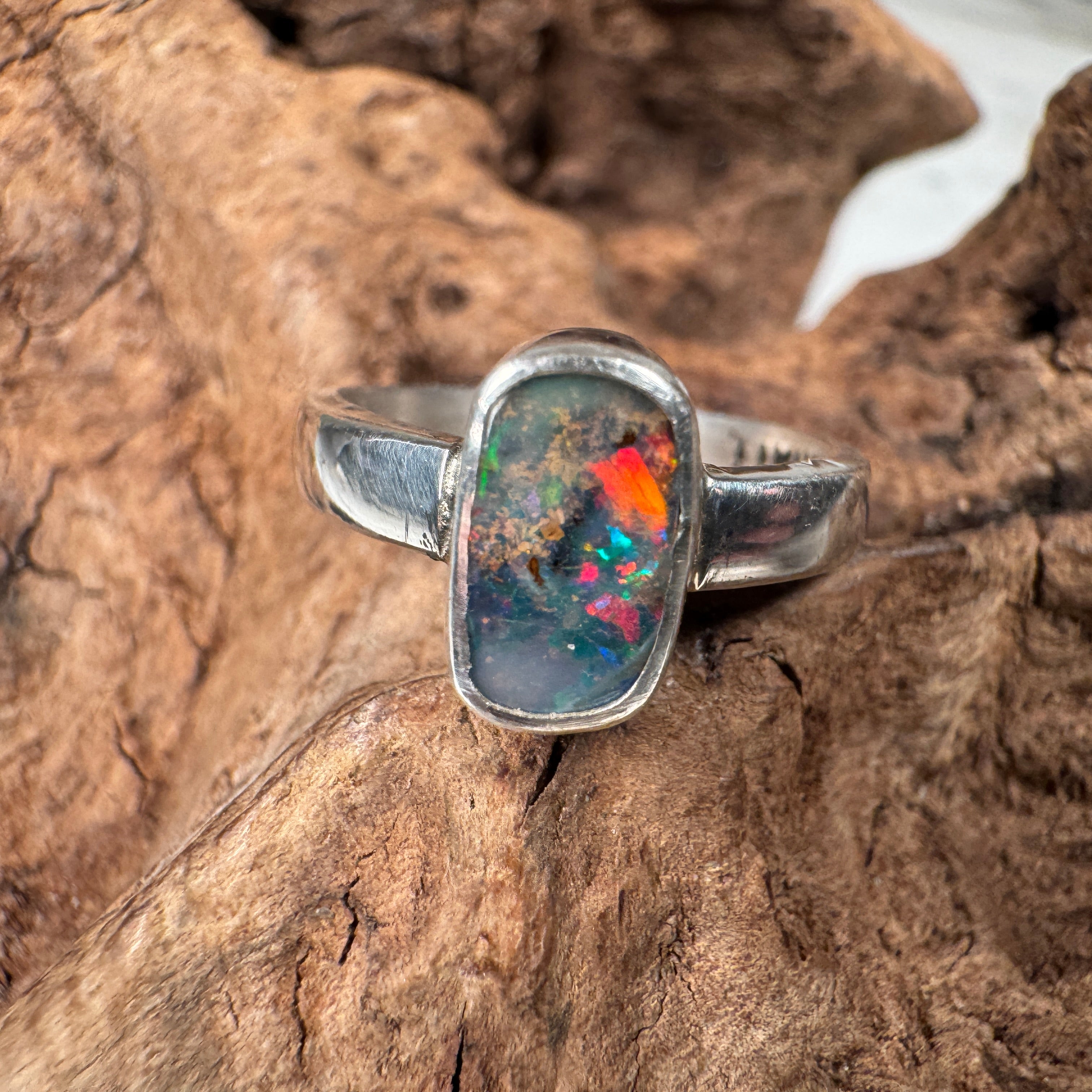 Spectral Tide Relic Ring – Australian Boulder Opal in Sterling Silver