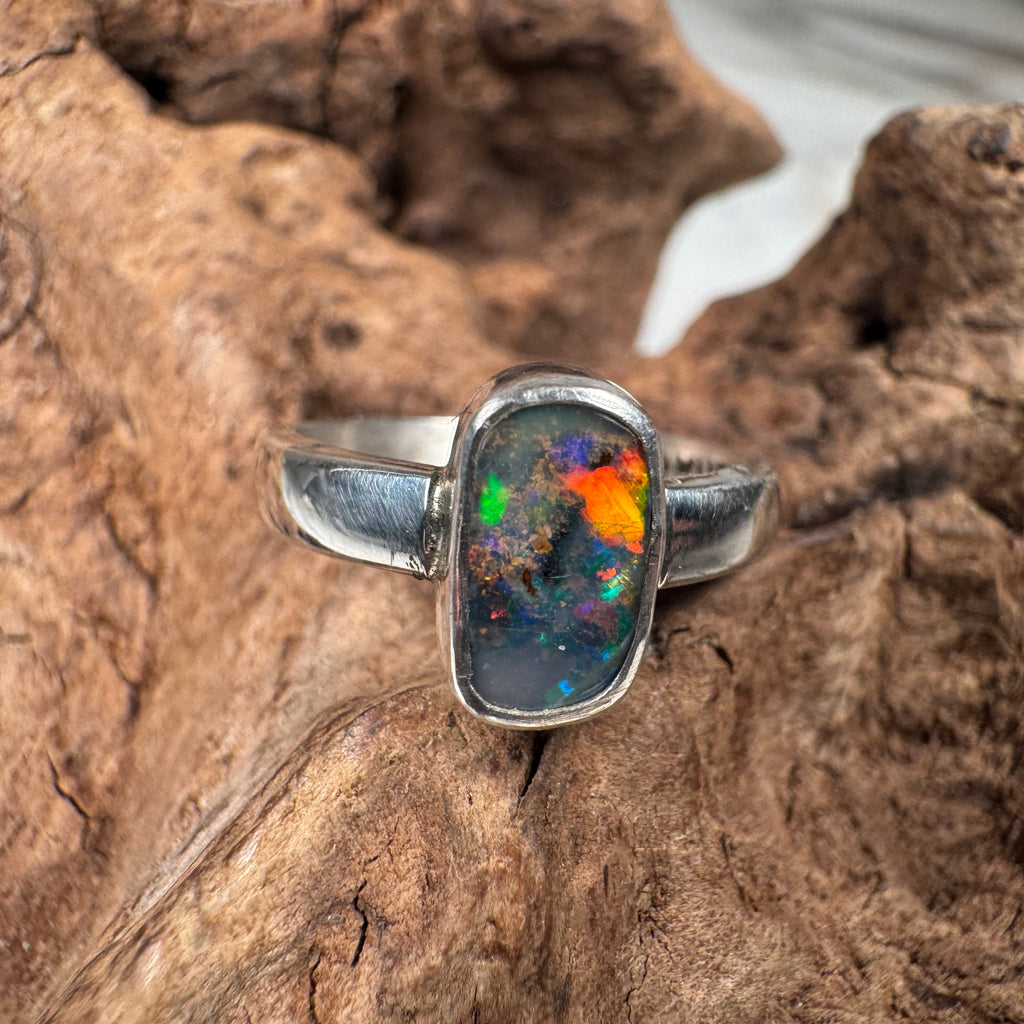 Spectral Tide Relic Ring – Australian Boulder Opal in Sterling Silver