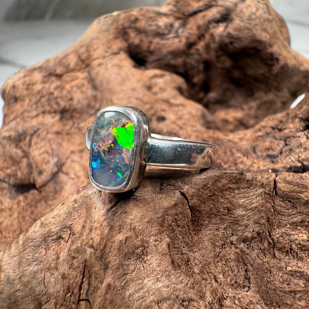 Spectral Tide Relic Ring – Australian Boulder Opal in Sterling Silver