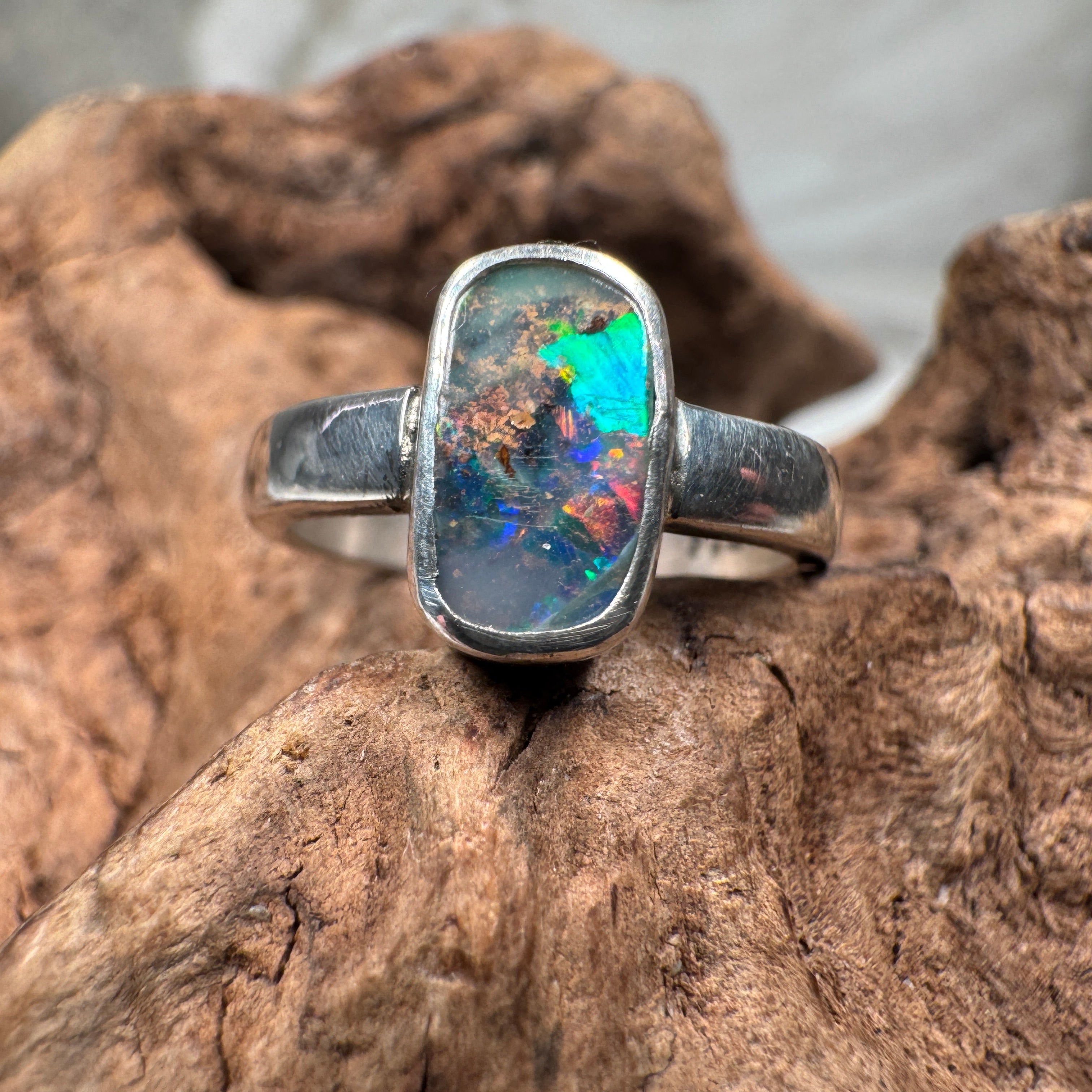 Spectral Tide Relic Ring – Australian Boulder Opal in Sterling Silver
