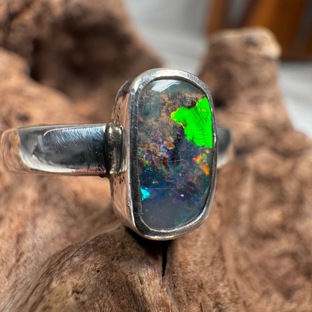 Spectral Tide Relic Ring – Australian Boulder Opal in Sterling Silver