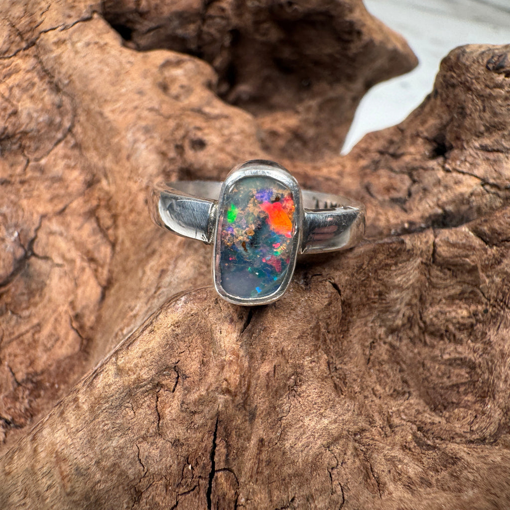 Spectral Tide Relic Ring – Australian Boulder Opal in Sterling Silver