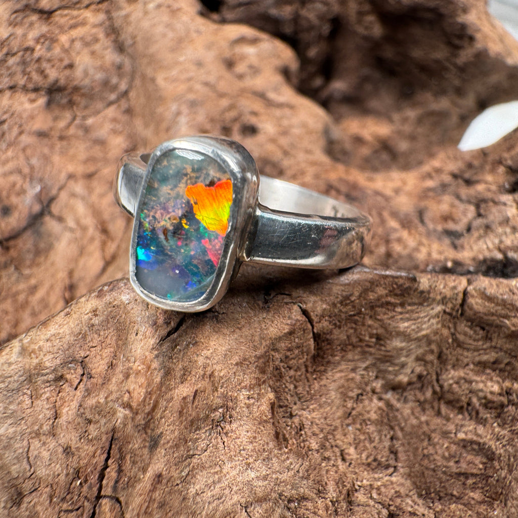 Spectral Tide Relic Ring – Australian Boulder Opal in Sterling Silver