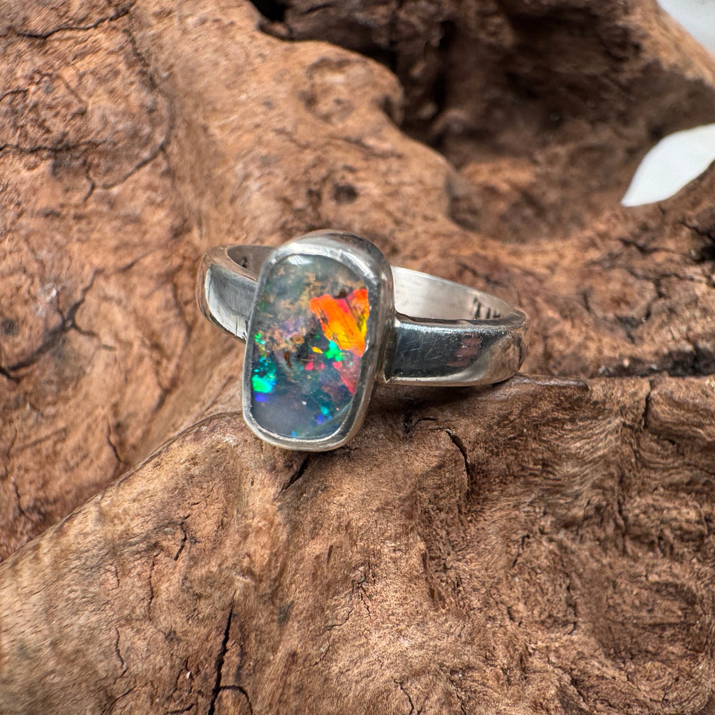 Spectral Tide Relic Ring – Australian Boulder Opal in Sterling Silver