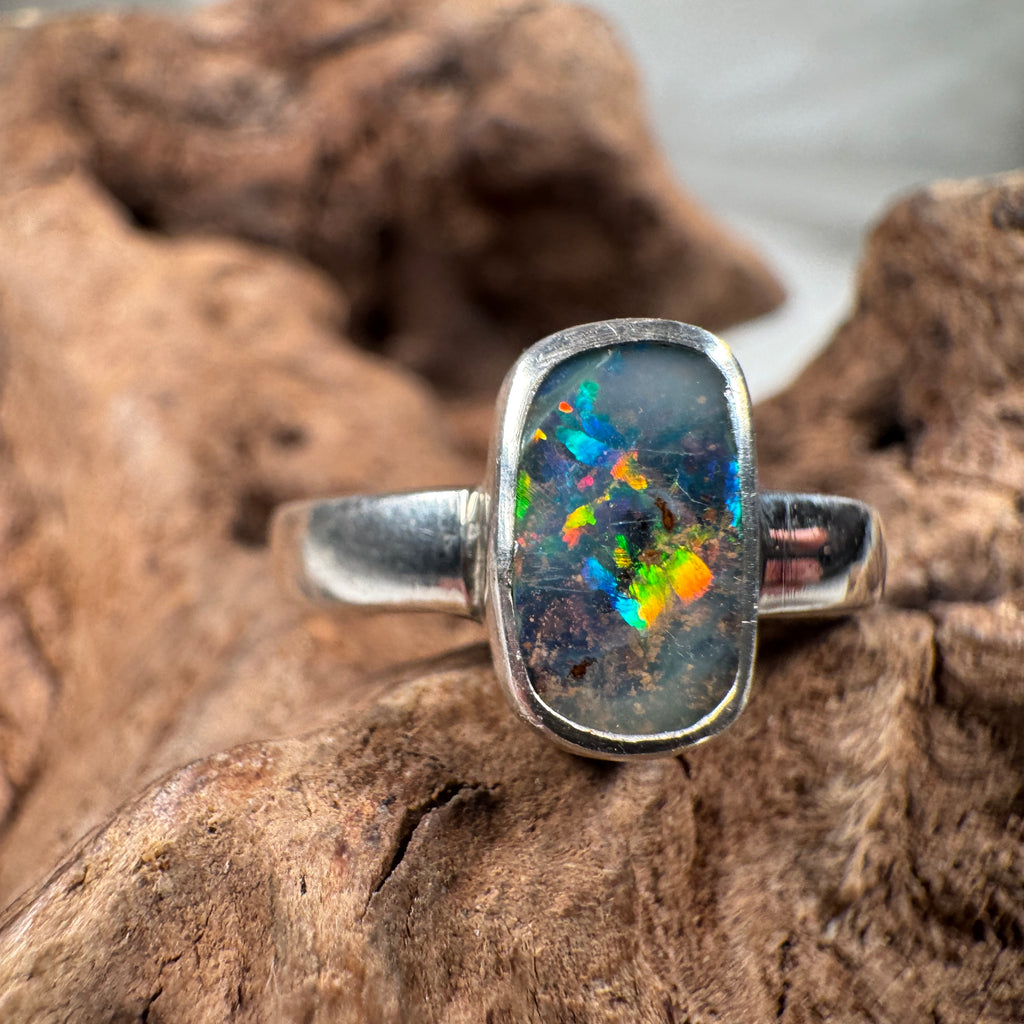 Spectral Tide Relic Ring – Australian Boulder Opal in Sterling Silver