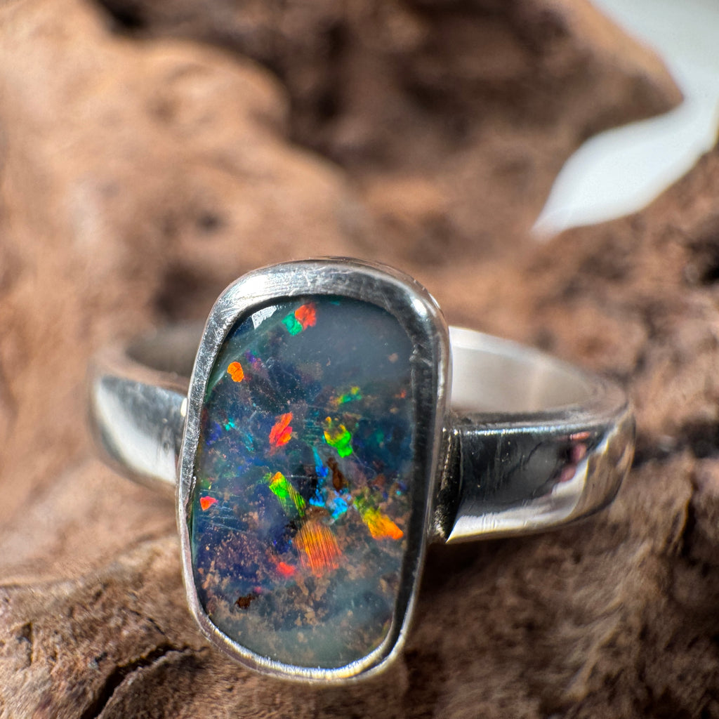 Spectral Tide Relic Ring – Australian Boulder Opal in Sterling Silver