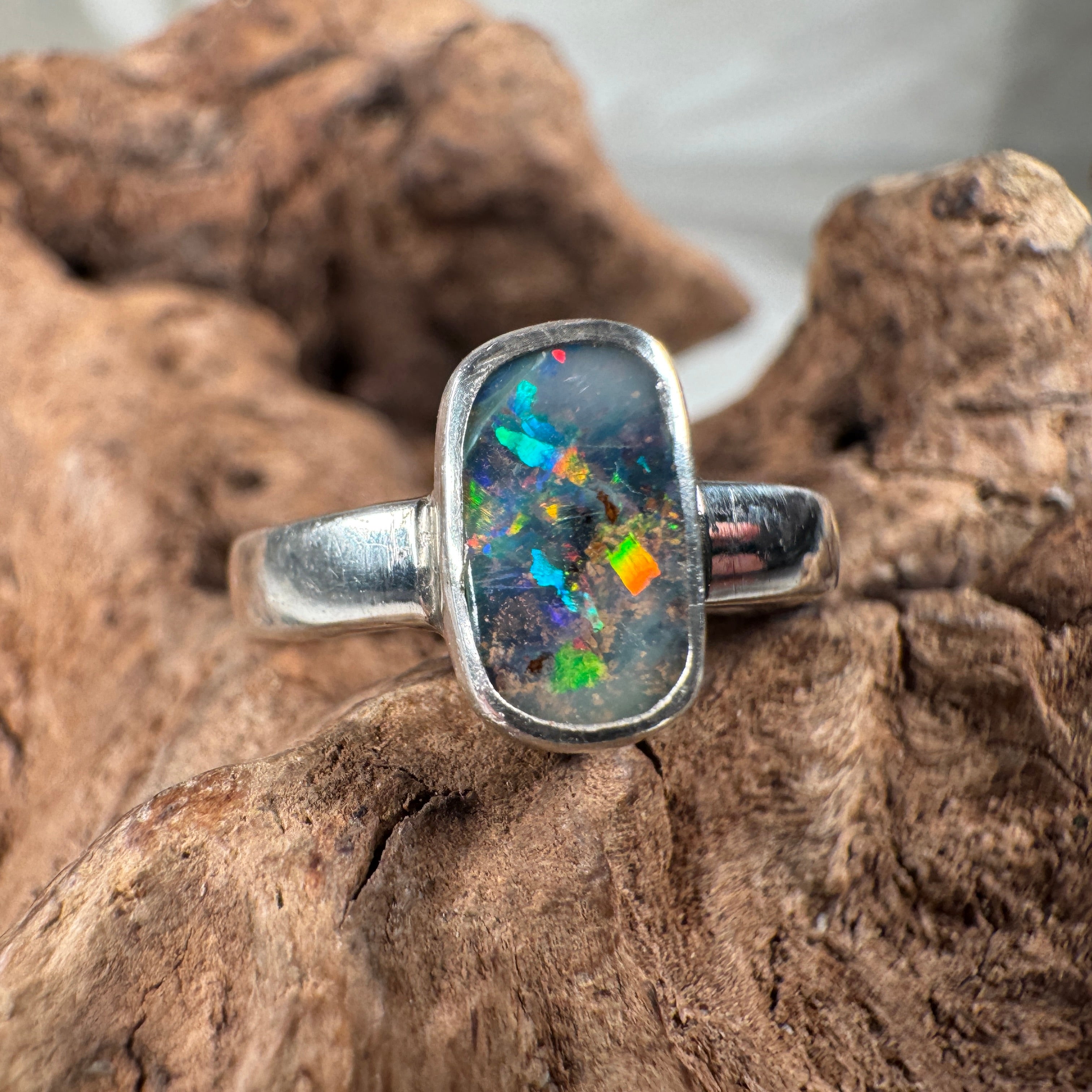 Spectral Tide Relic Ring – Australian Boulder Opal in Sterling Silver