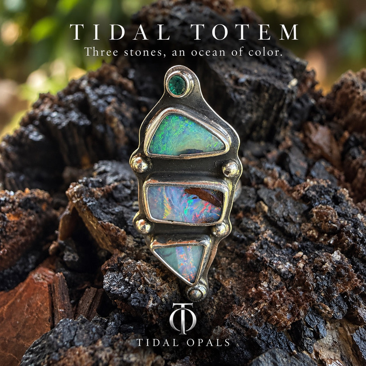 Tidal Totem — Three-Stone Opal Ring with Topaz