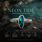Neon Tide 0.75 carat Australian Boulder Opal ring with brilliant electric green and deep blue play-of-color in a handcrafted textured .925 sterling silver setting — TIDAL OPALS