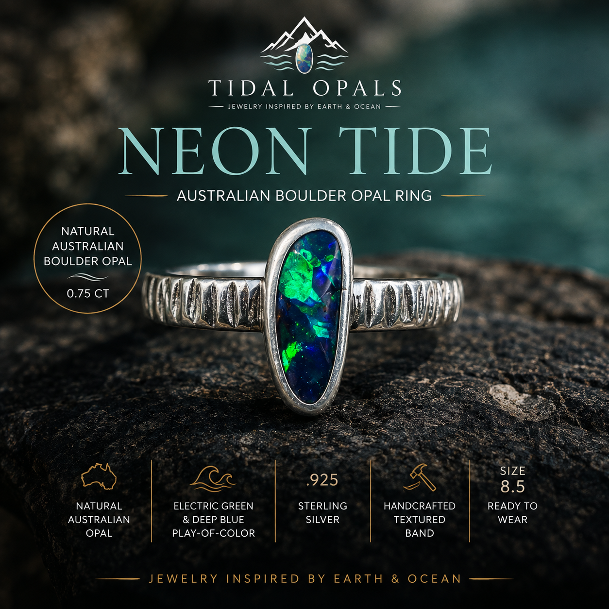 Neon Tide 0.75 carat Australian Boulder Opal ring with brilliant electric green and deep blue play-of-color in a handcrafted textured .925 sterling silver setting — TIDAL OPALS
