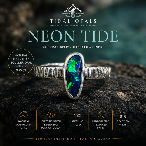 Neon Tide 0.75 carat Australian Boulder Opal ring with brilliant electric green and deep blue play-of-color in a handcrafted textured .925 sterling silver setting — TIDAL OPALS