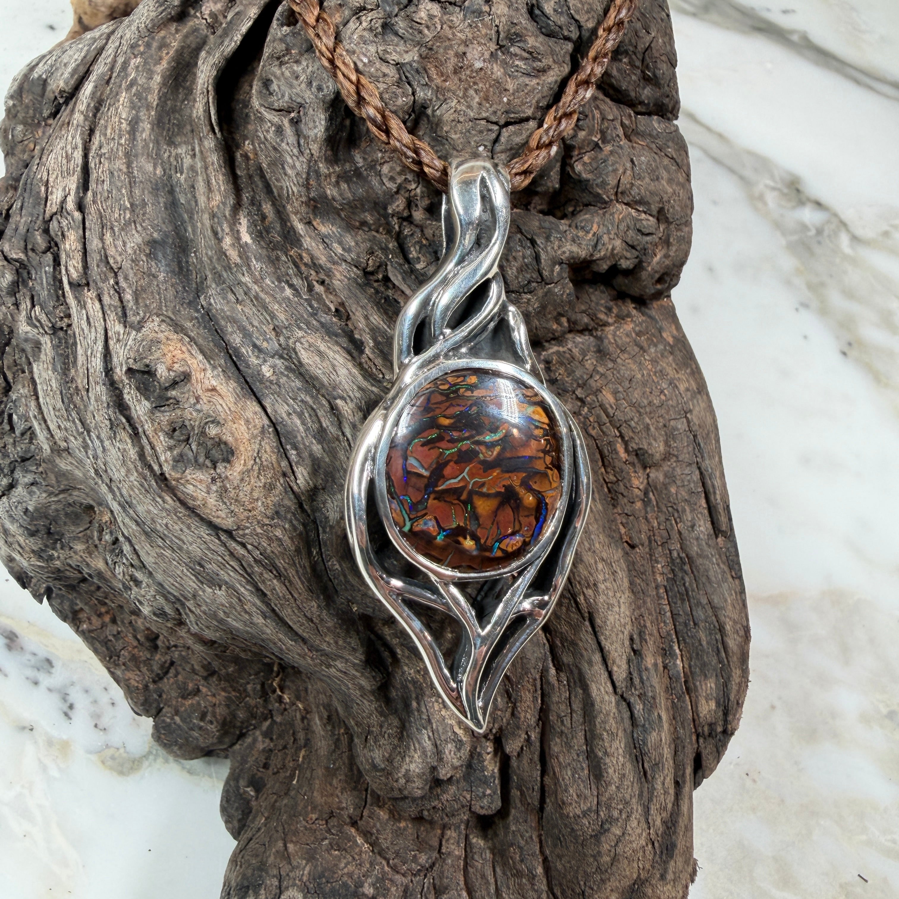 Ocean Flame Relic — Australian Boulder Opal Sterling Silver Pendant