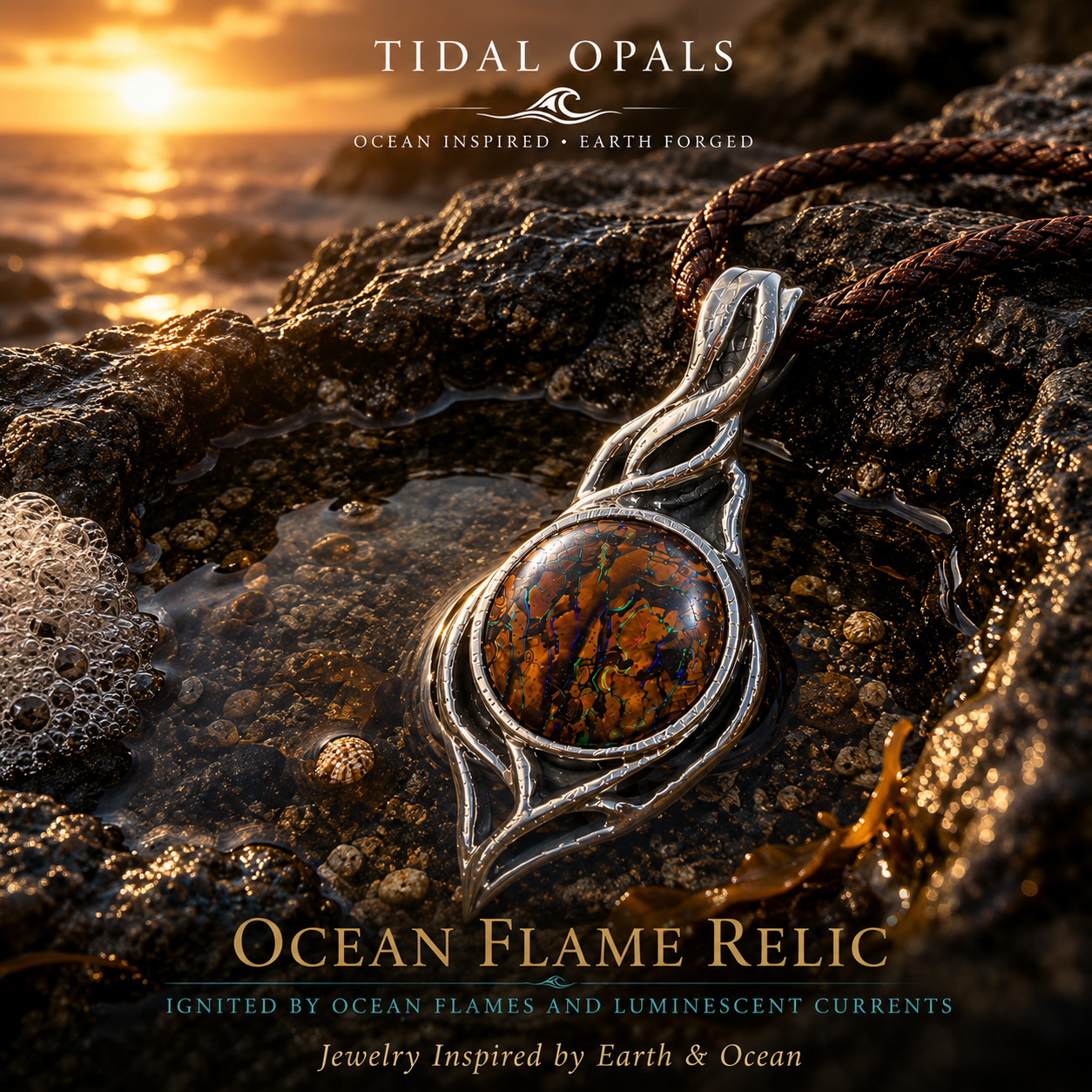 Ocean Flame Relic handcrafted sterling silver pendant featuring a natural Australian Boulder Opal with brilliant blue and green fire surrounded by sculptural flowing silver rails.

