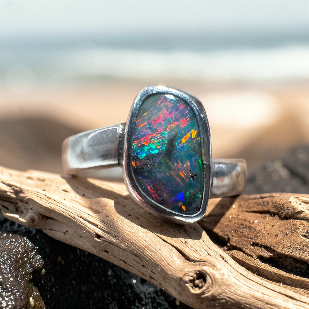 Electric Fire Angled Australian Boulder Opal Ring