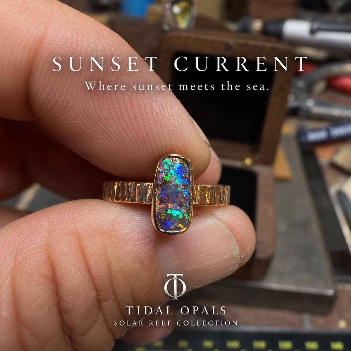 Sunset Current Australian boulder opal ring with multicolor flashes, a textured 14K yellow gold band, and a US size 6.5 fit
