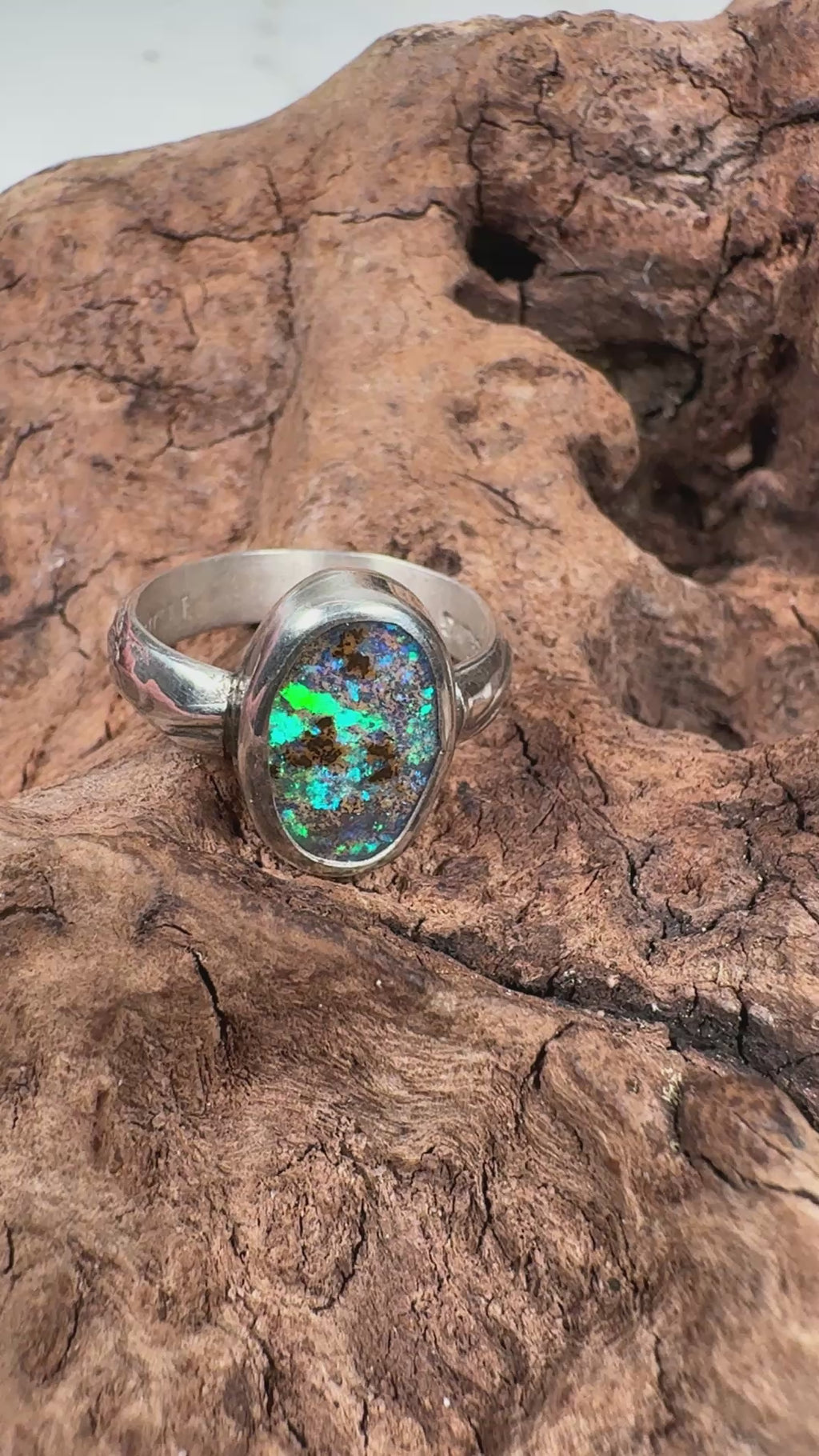 Emerald Bioluminescent Essence - Australian Boulder Opal Ring