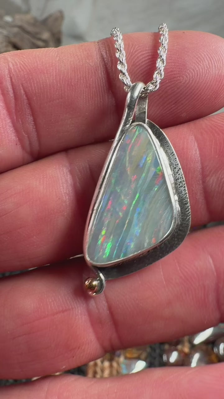 One-of-a-kind Seafoam Aurora Boulder Opal pendant with 18-inch sterling silver chain