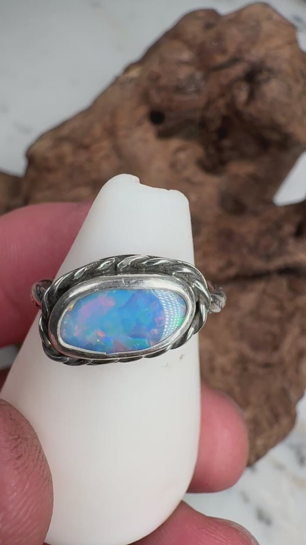 Ember Tide Relic – Fossilized Seashell Opal Ring